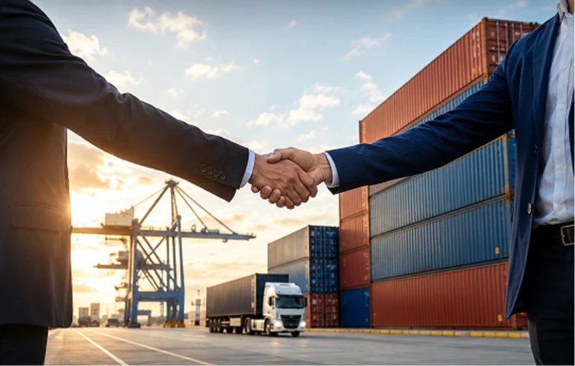 Business partners shaking hands at a shipping container yard