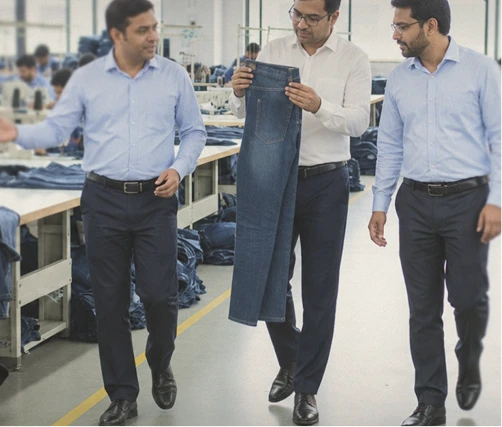 Ornate Global Fashion team inspecting denim production on a factory floor
